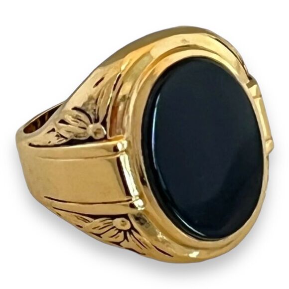 Vintage Clark and Coombs Ring Size 8 Onyx 18K Gold Plate Mid-Century Men's 14B - Picture 2 of 8